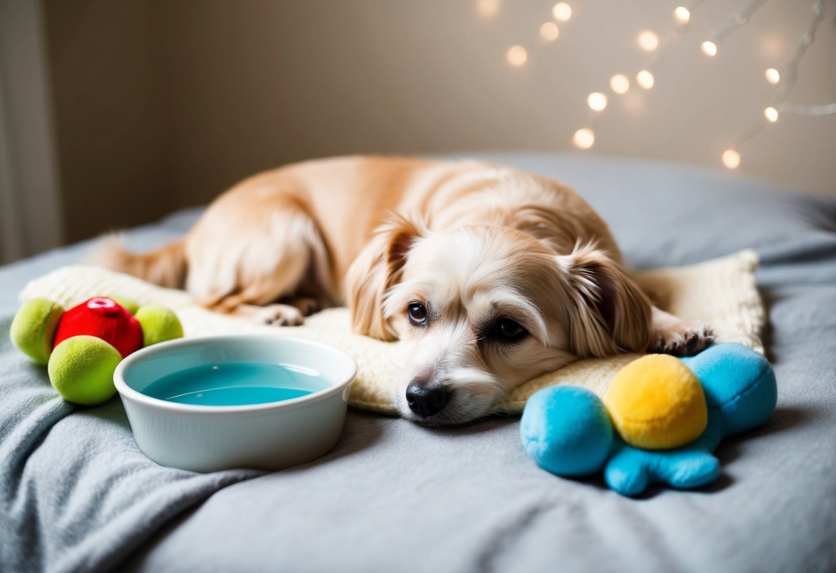 A small, elderly dog resting peacefully on a soft blanket, surrounded by comforting toys and a bowl of water
