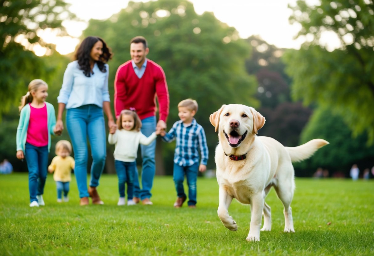 A happy Labrador retriever wagging its tail, greeting a family with children in a park