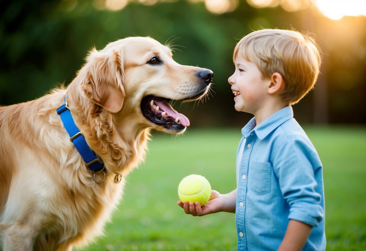 A golden retriever eagerly wagging its tail, approaching a smiling child with a tennis ball in its mouth