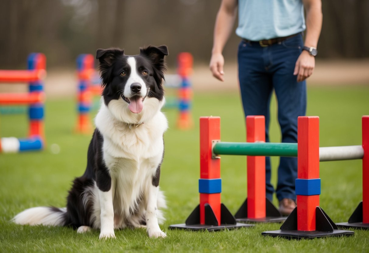 A border collie sits calmly beside a set of training obstacles, attentively watching its owner