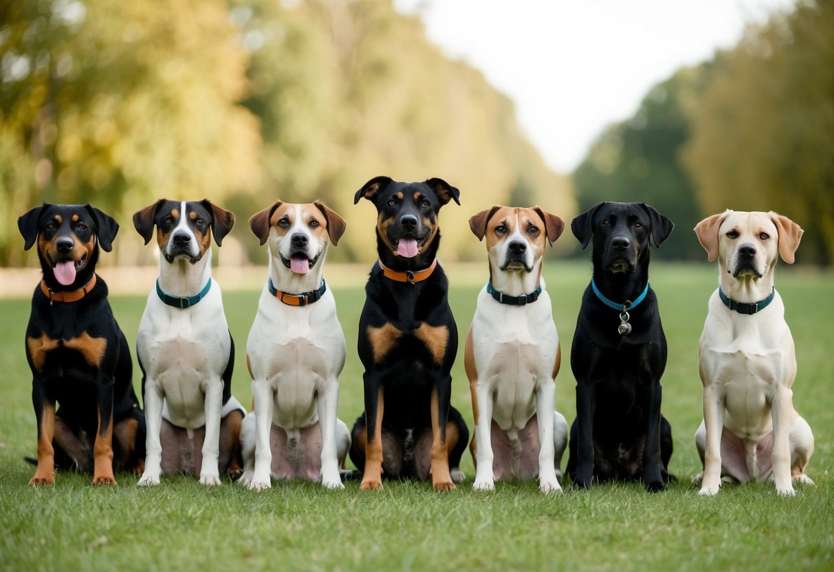 A group of dogs sitting in a row, each displaying different levels of obedience and behavior