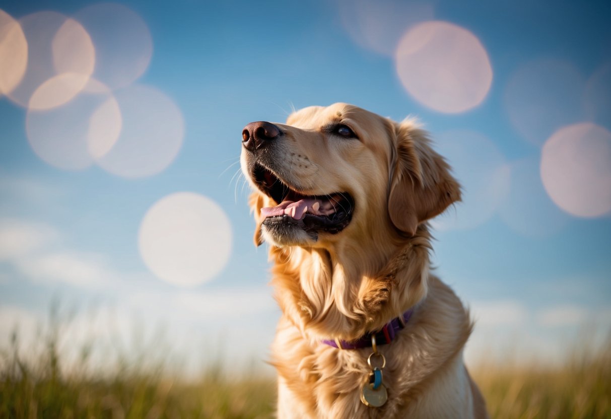 A golden retriever eagerly wagging its tail, gazing up at the viewer with adoring eyes