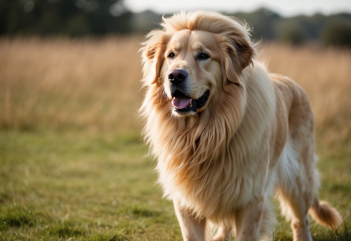 A large, fluffy golden retriever with a thick, flowing mane stands proudly, resembling a lion