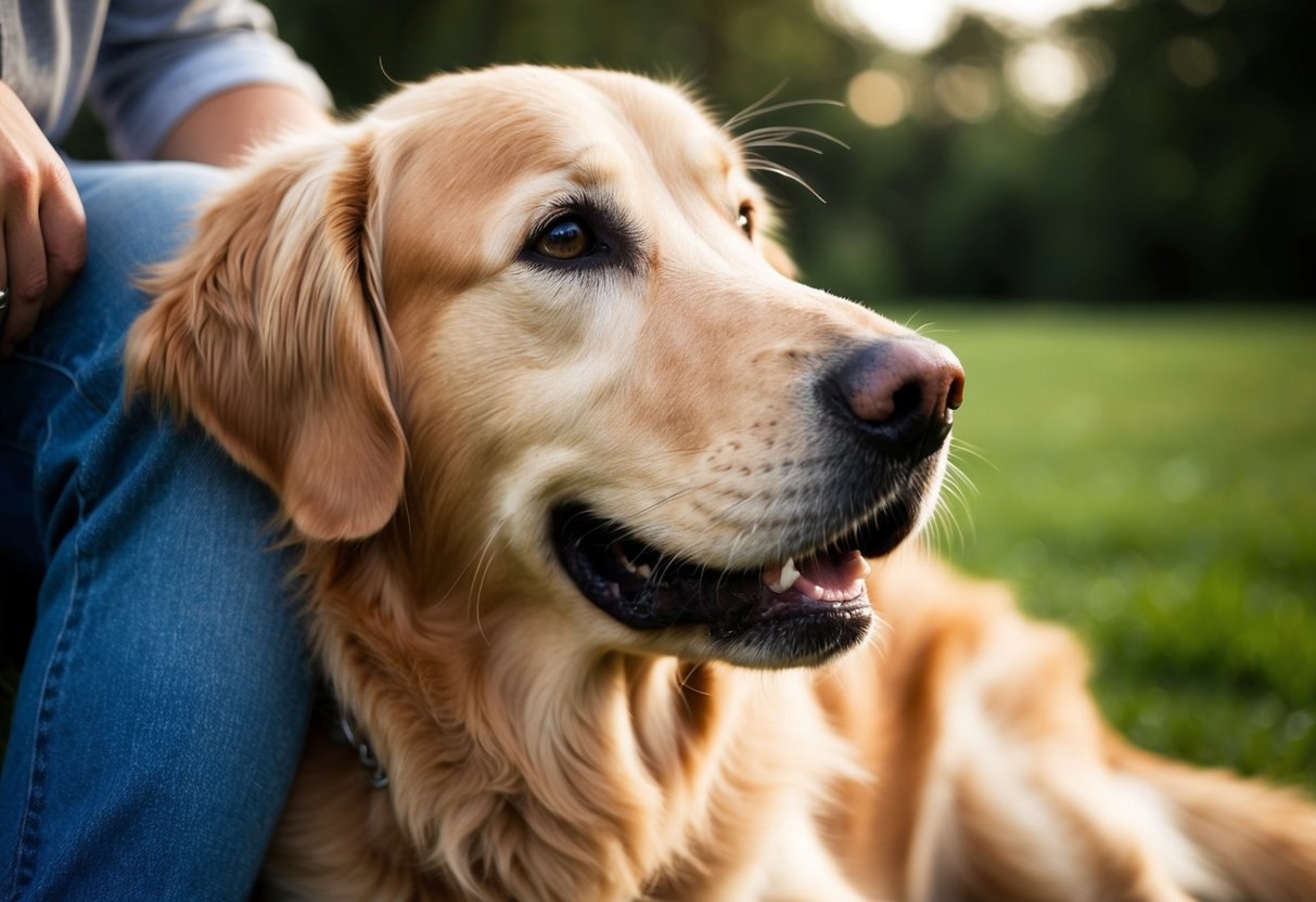 A golden retriever nuzzling its head against a person's leg, looking up with adoring eyes
