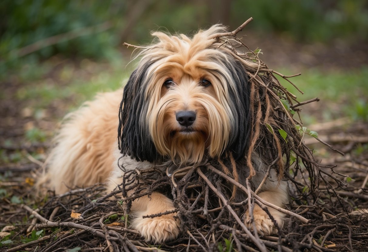 A fluffy Puli dog tangled in a mess of overgrown dreadlocks, with debris and twigs caught in its fur
