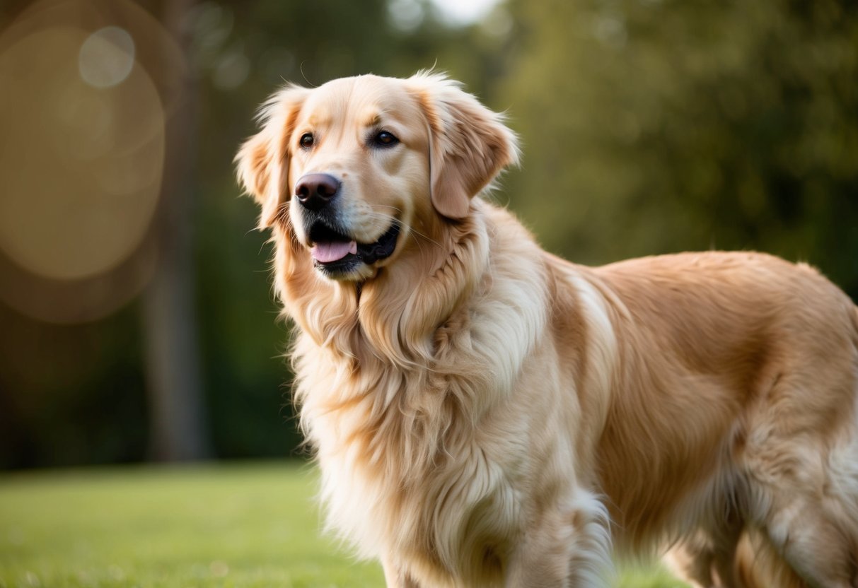 A golden retriever with a full, fluffy mane-like coat, standing proudly with a regal posture, resembling a lion