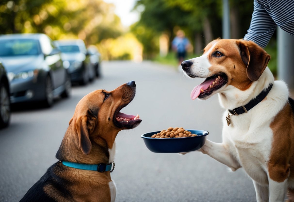A wagging tail, a tilted head, and a joyful bark as a person approaches a happy dog with a bowl of food