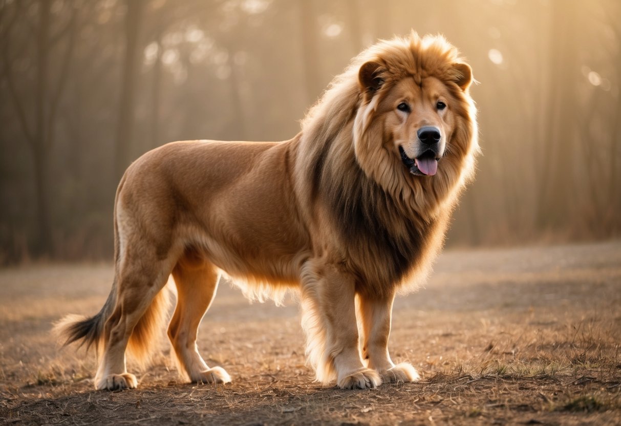 A large, golden-furred dog with a thick, flowing mane stands regally, resembling a lion in appearance