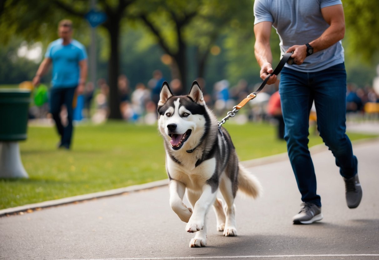 A large, energetic Husky pulling on a leash while the owner tries to maintain control during a training session in a busy park