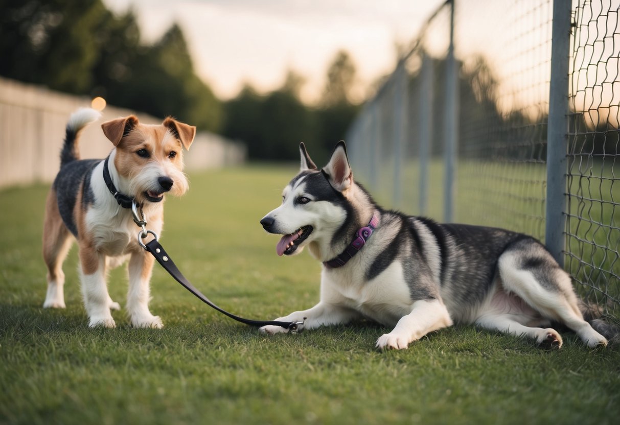A mischievous terrier chews through a leash, while a bored husky digs under a fence