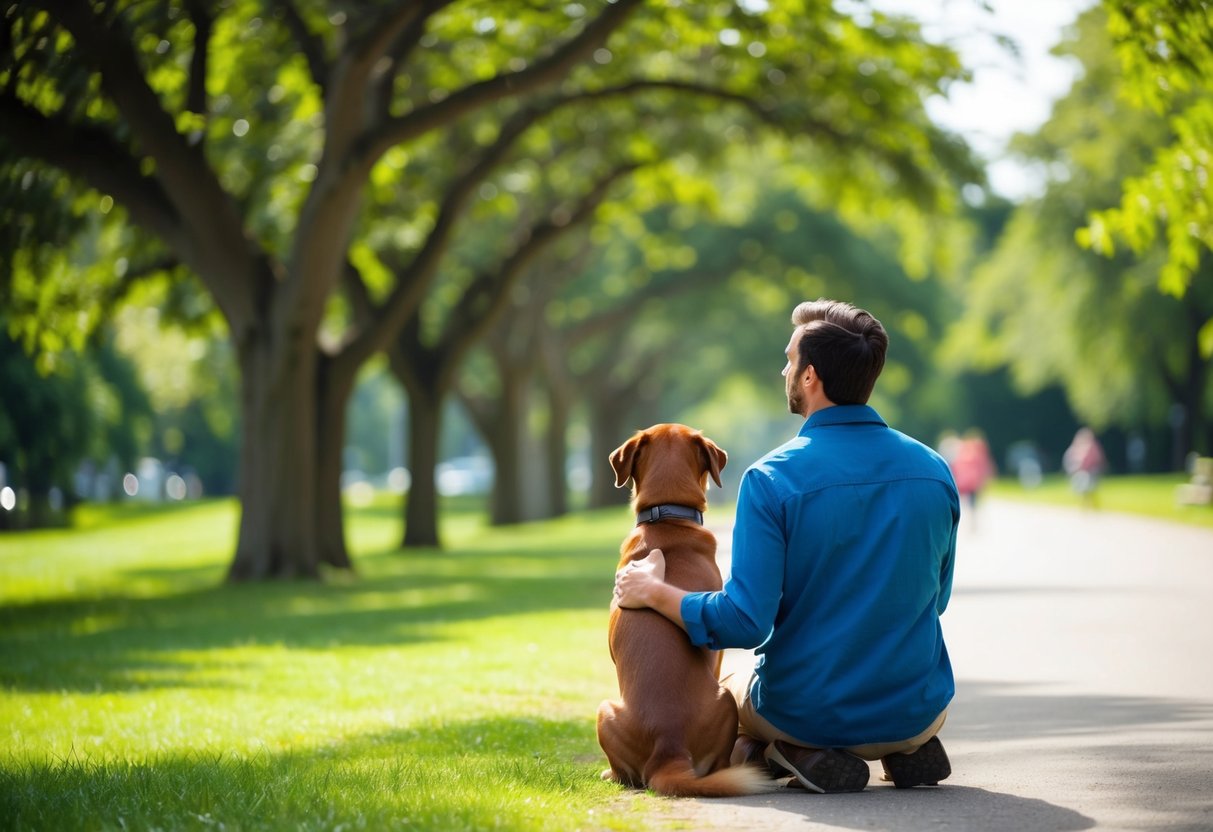 A loyal male dog sits by his owner's side, gazing up at them with adoring eyes as they walk through a lush, sun-dappled park