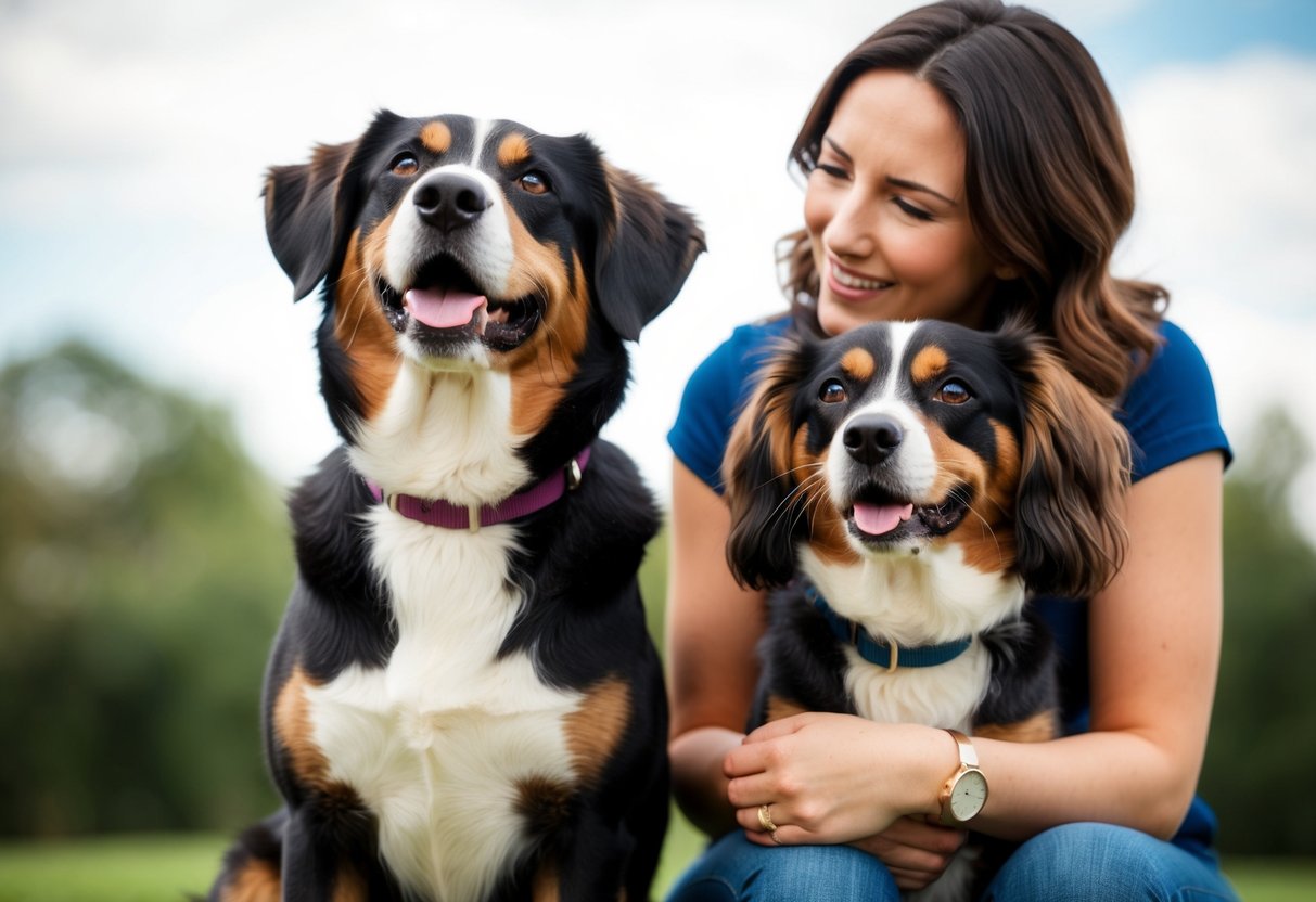 A male and female dog sitting side by side, both looking up at their owner with adoring eyes. The male dog has a wagging tail and a content expression, while the female dog leans in closer to the owner