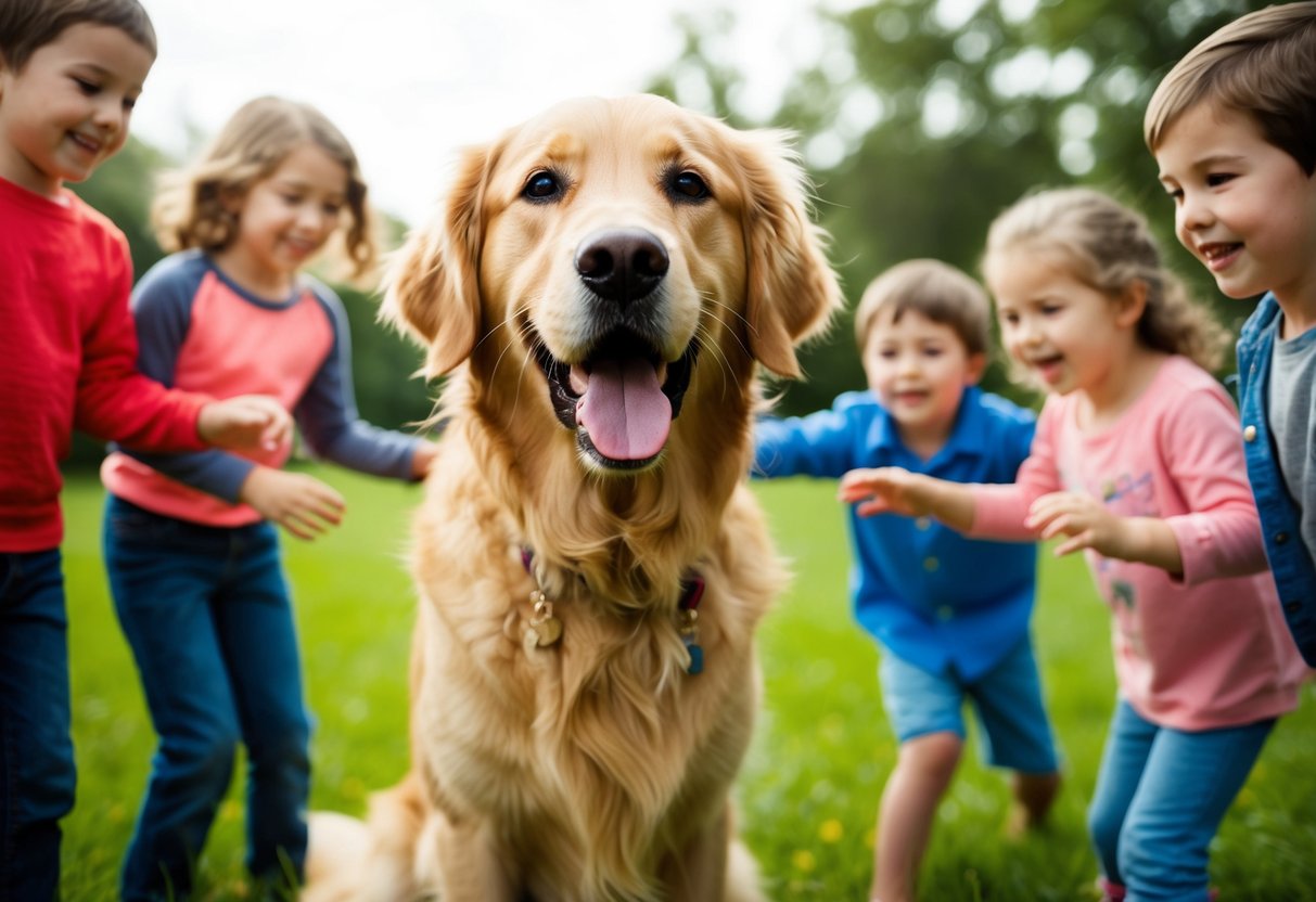 A golden retriever wagging its tail, surrounded by playful children