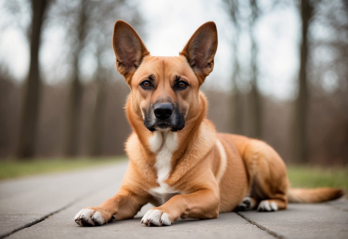 A calm, relaxed dog with ears and tail in neutral position, making eye contact and showing no signs of aggression