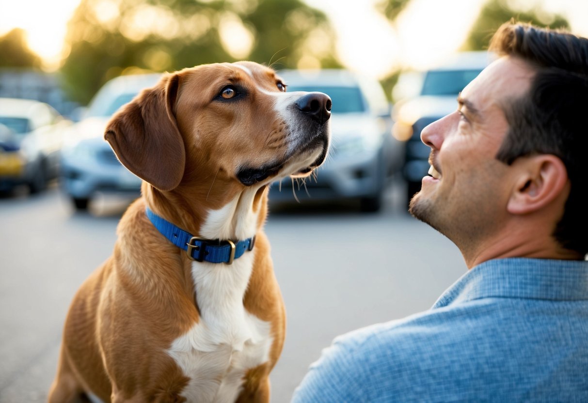 A loyal dog standing by its owner's side, gazing up with adoring eyes