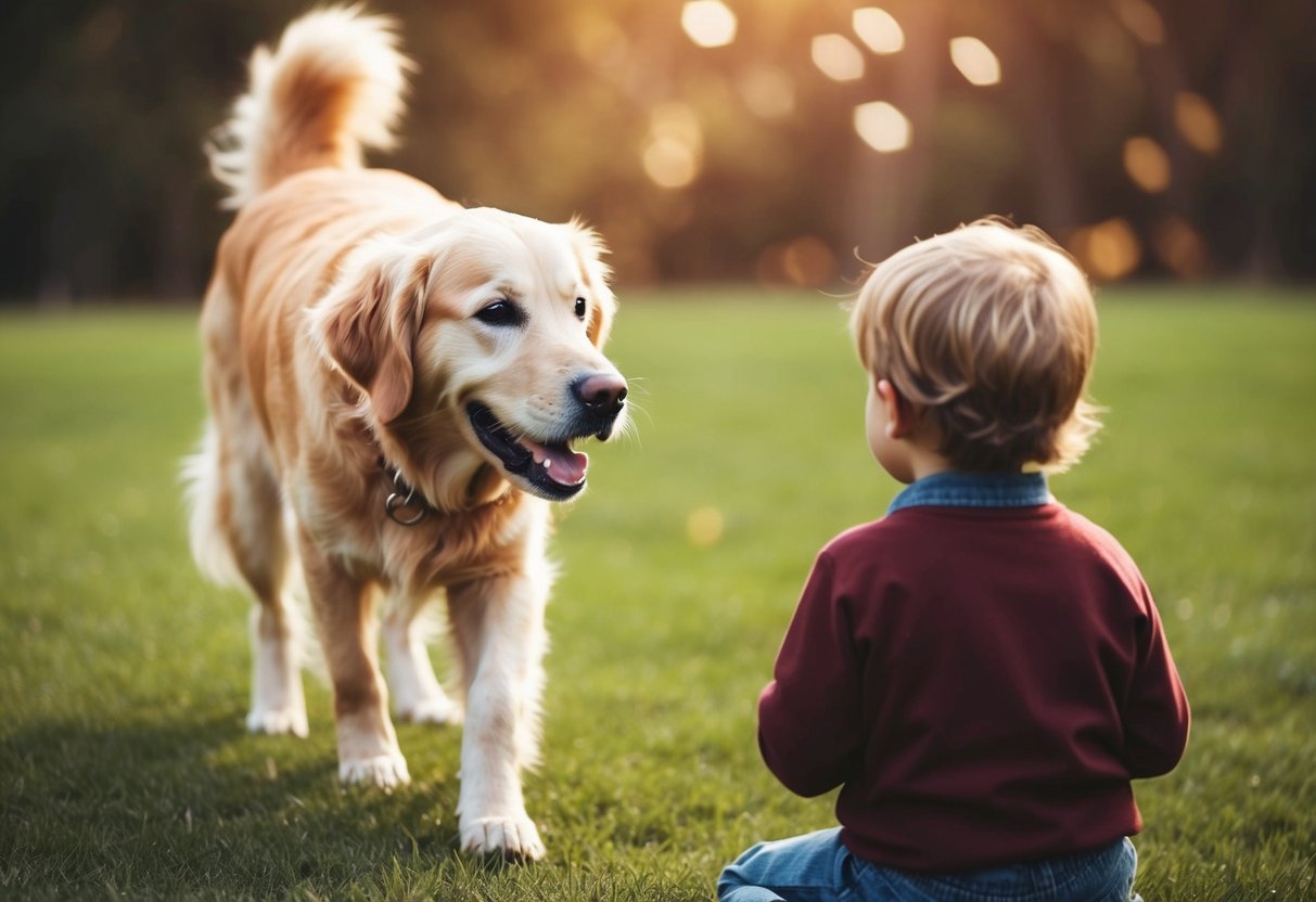 A golden retriever wagging its tail, approaching a child with a gentle expression
