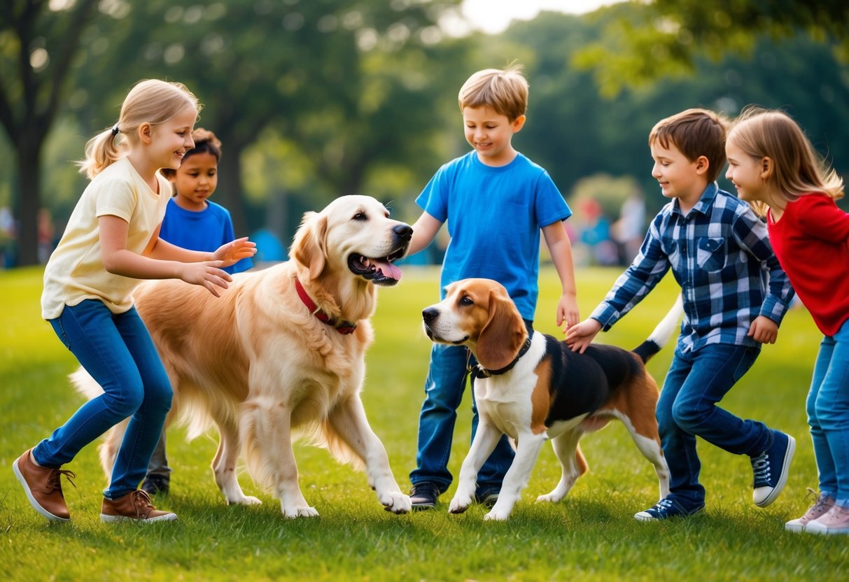 A golden retriever and a beagle playfully interact with a group of children in a park, displaying friendly and non-aggressive behavior