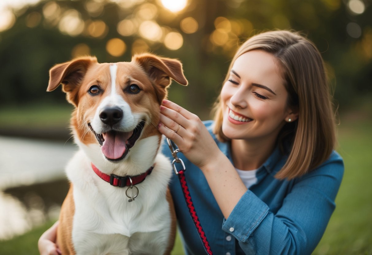 A friendly, wagging dog being petted by a smiling person