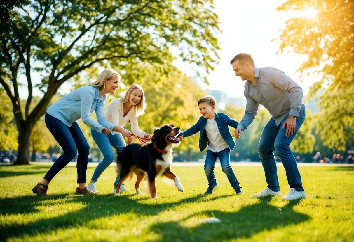 A family playing in a park with a friendly, tail-wagging dog. The sun is shining, and the dog is happily interacting with the family