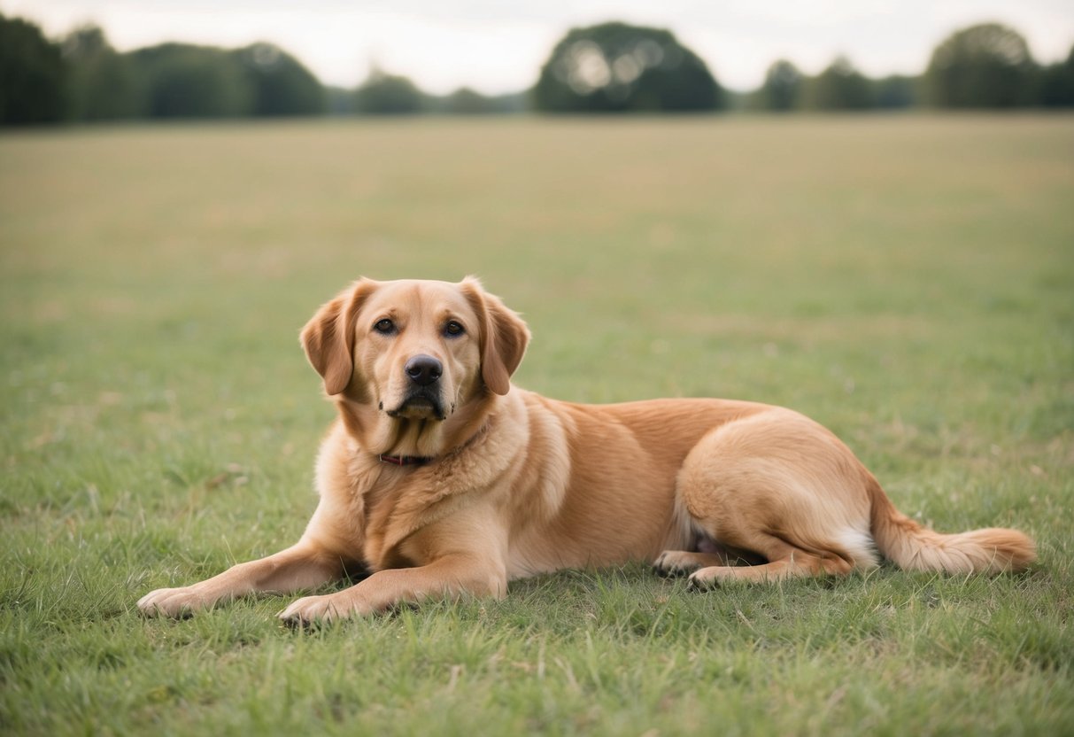 A calm, docile dog lying in a peaceful, open field