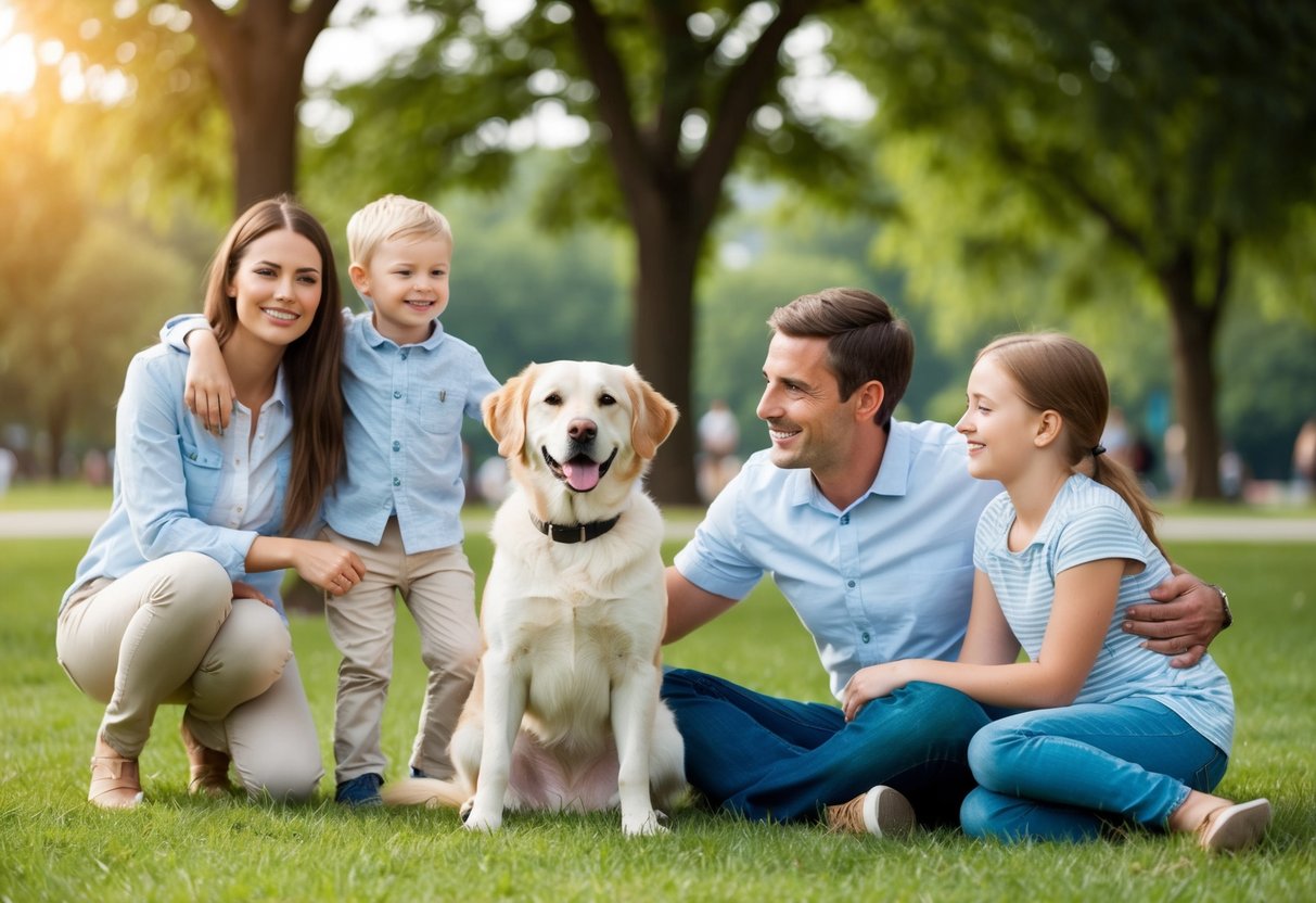 A calm and friendly dog sitting peacefully beside a happy family in a park