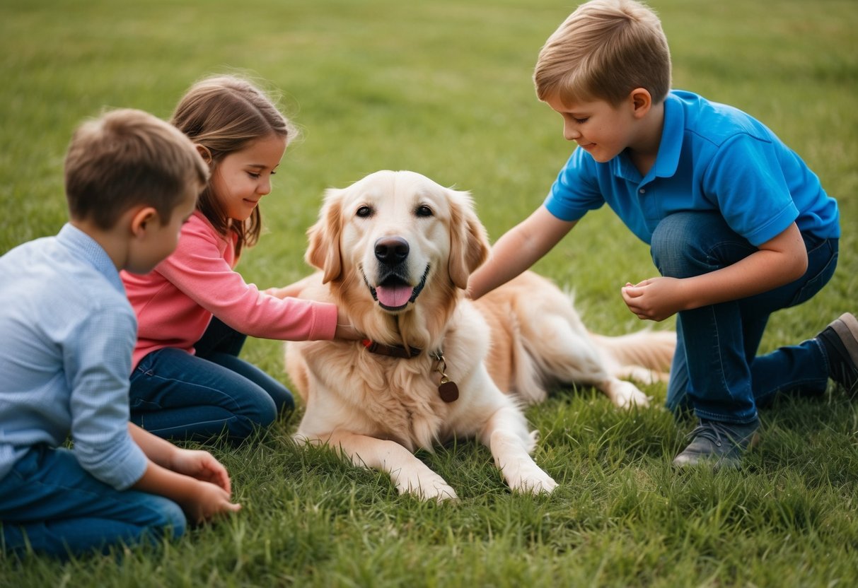 A golden retriever peacefully lying in a grassy field, surrounded by children playing and petting it