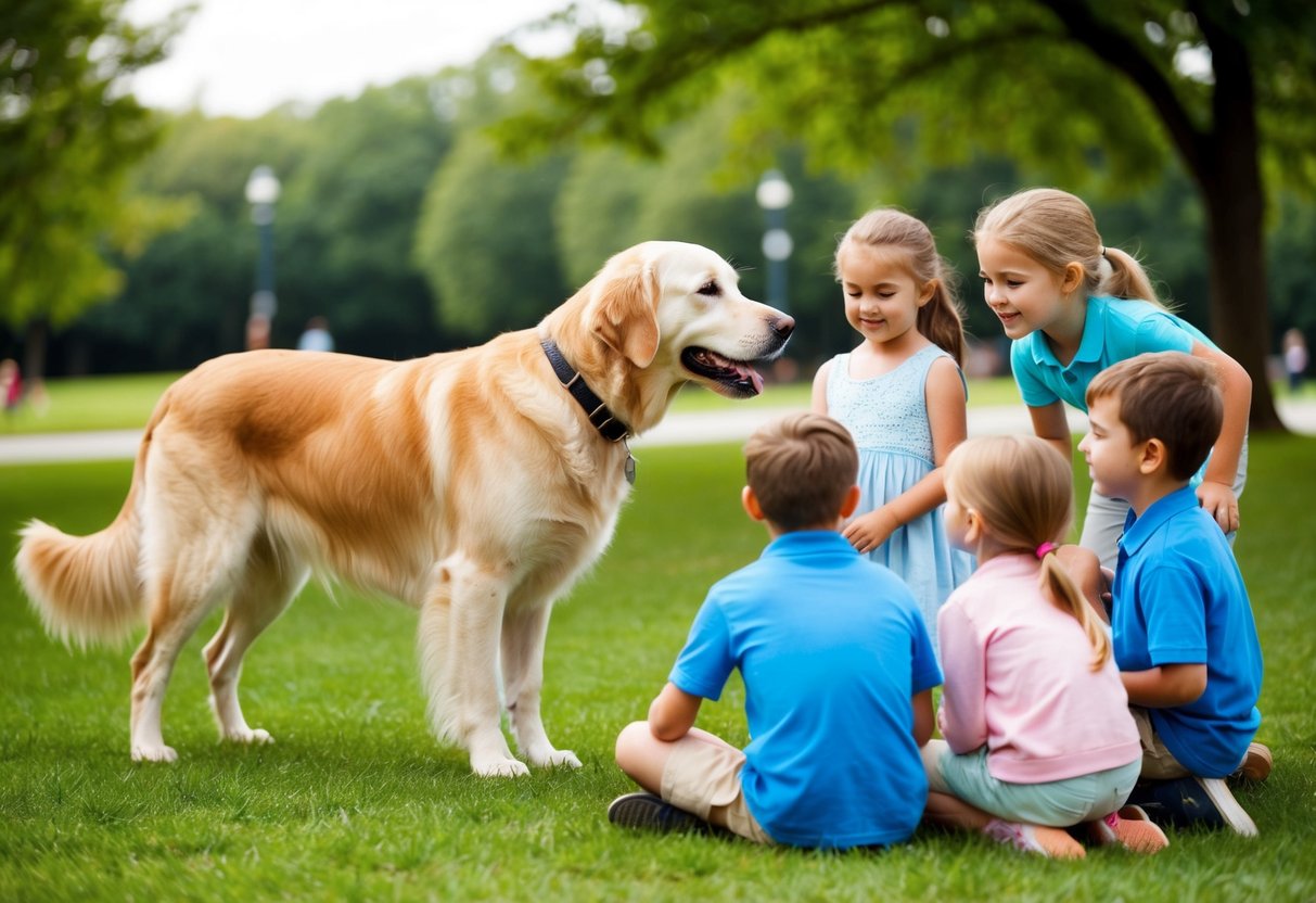 A calm, non-threatening dog of a breed known for its gentle and friendly nature, such as a Golden Retriever, is interacting peacefully with a group of children in a park