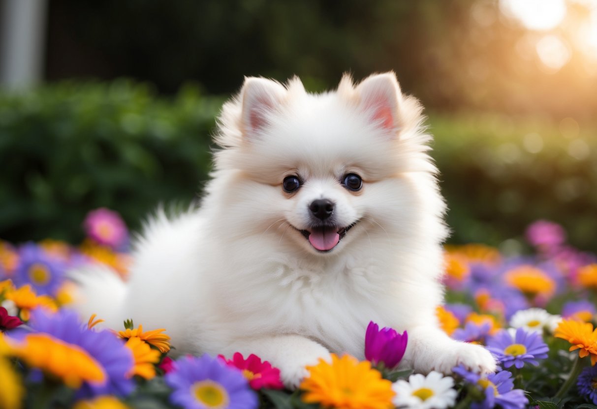 A fluffy white pomeranian puppy with big round eyes and a tiny pink tongue, sitting in a bed of colorful flowers