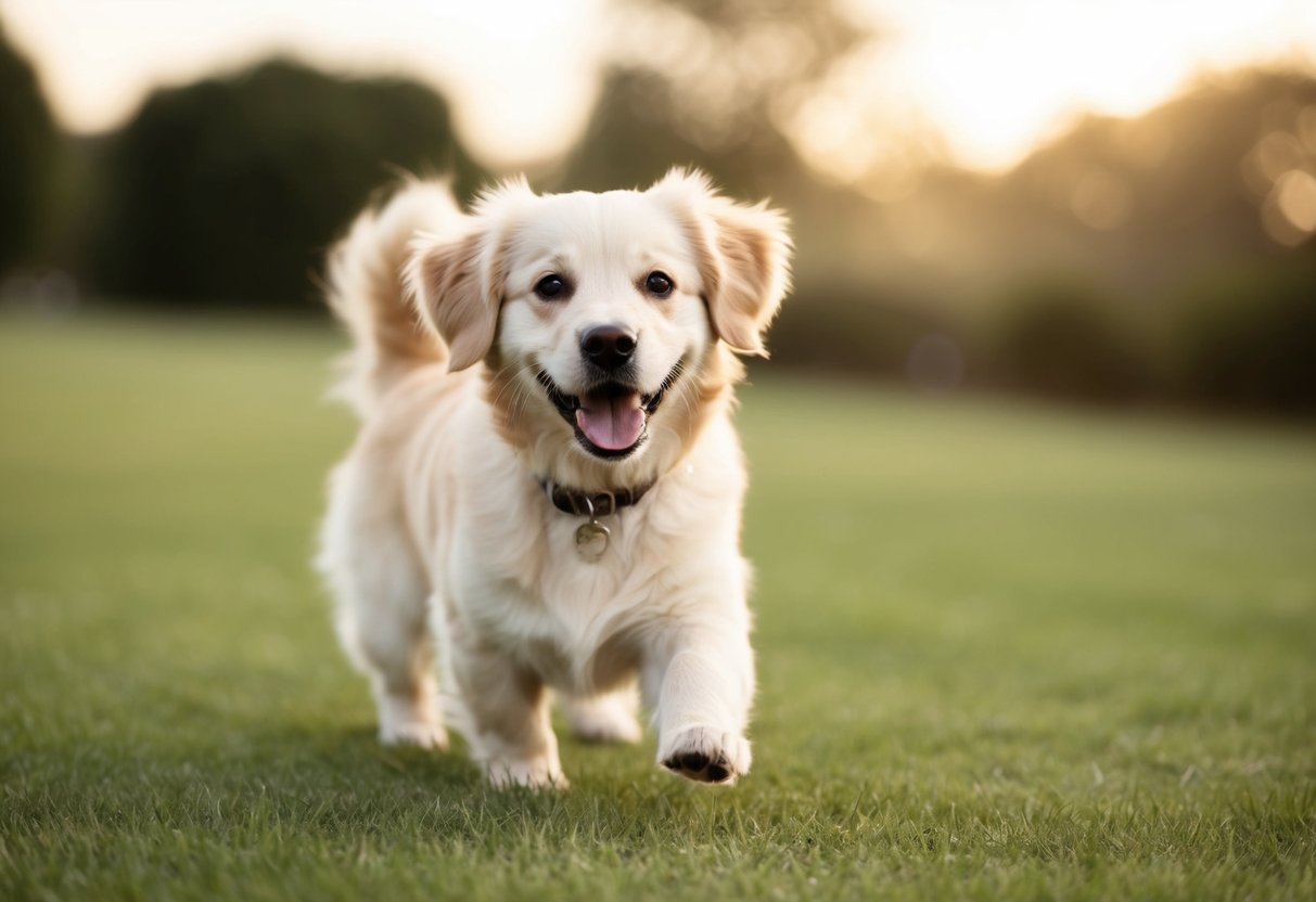A small fluffy golden retriever wagging its tail, approaching with a friendly smile