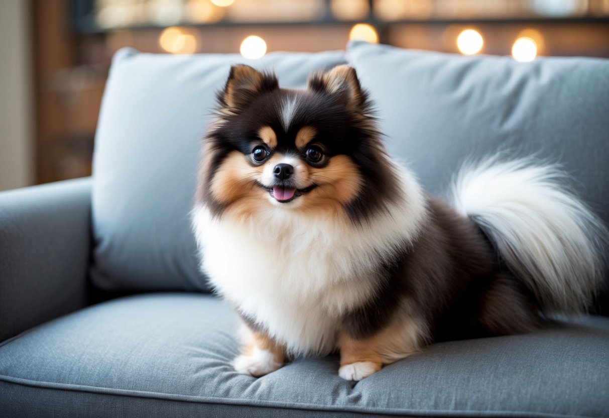 A fluffy Pomeranian sits on a cushion, its small round face and bright eyes exuding charm. Its thick coat and plumed tail add to its adorable appearance
