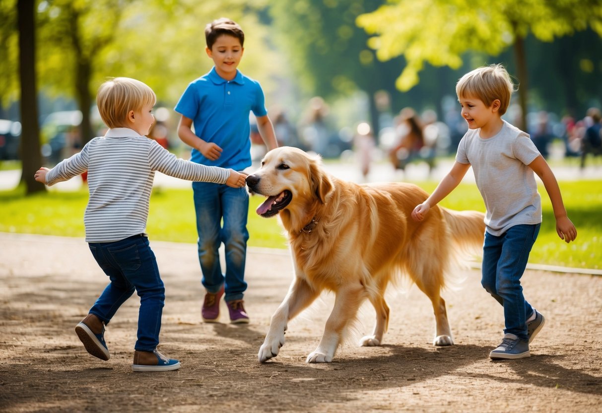 A golden retriever playing with children in a sunny park