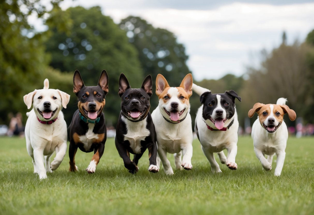 A variety of adorable dogs of different breeds and sizes playing in a park, showcasing their cuteness and individual personalities