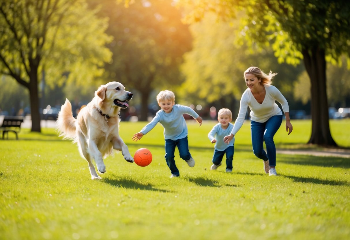 A Golden Retriever playing fetch with a family in a sunny park
