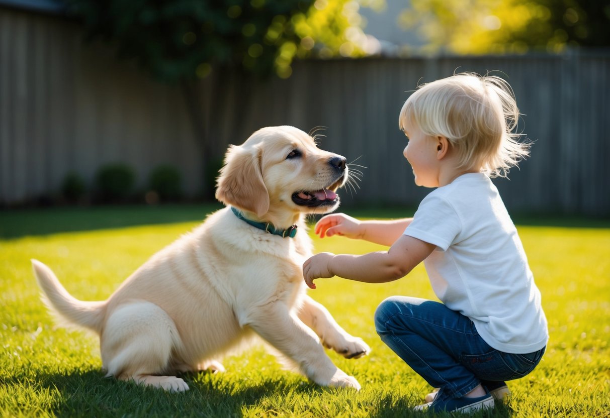 A golden retriever puppy playing with a child in a sunny backyard
