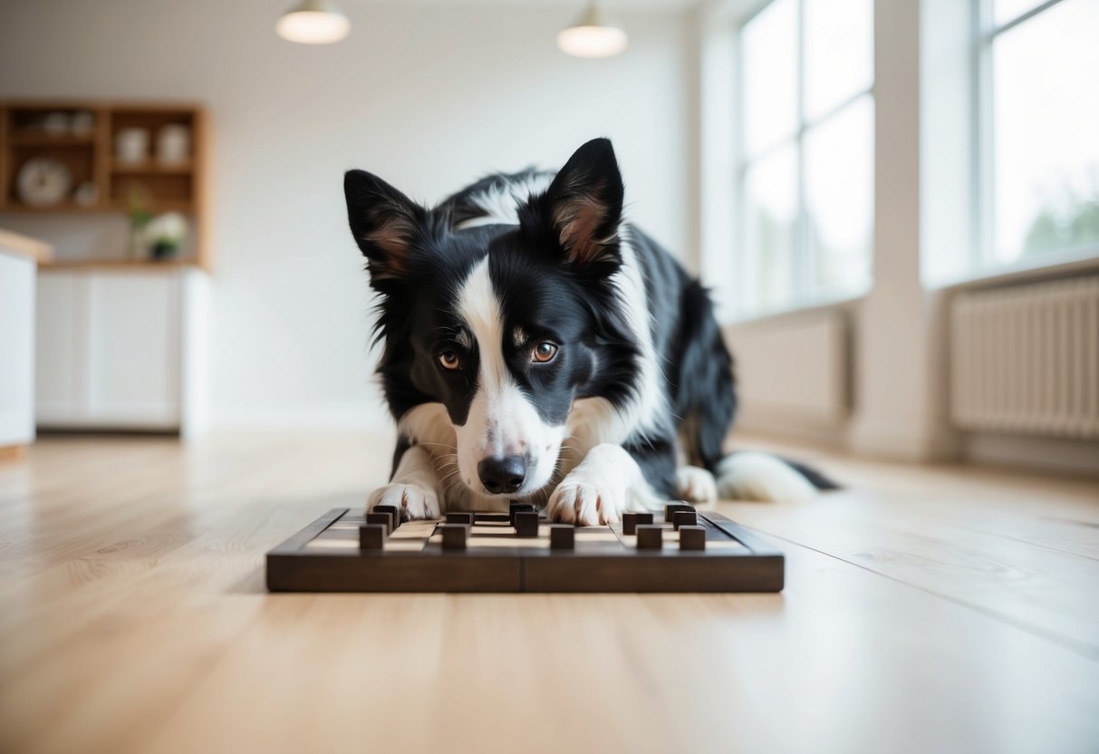 A border collie solving a complex puzzle in a bright, spacious room