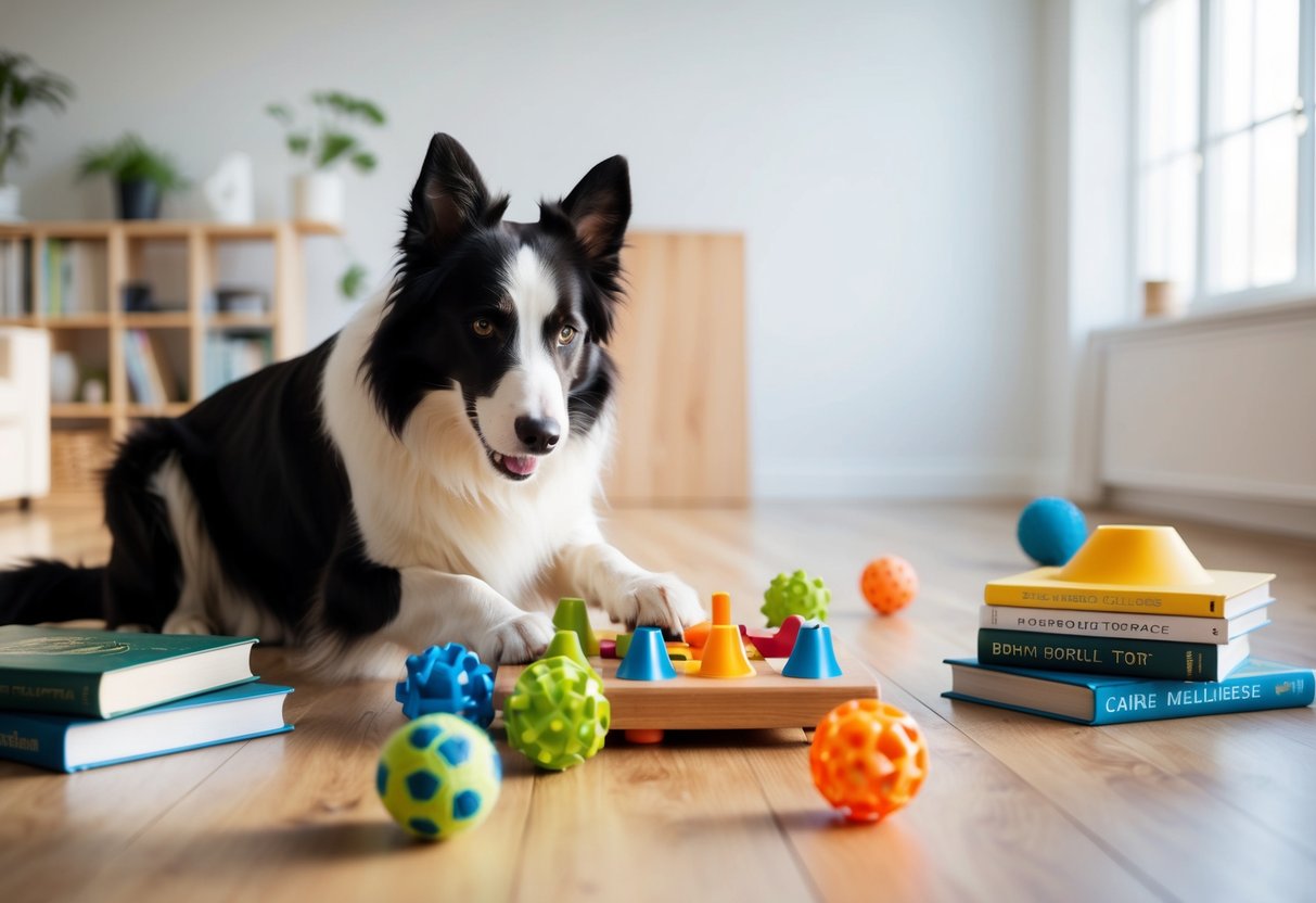 A border collie solving a complex puzzle toy in a spacious, sunlit room with various dog toys and books on canine intelligence scattered around