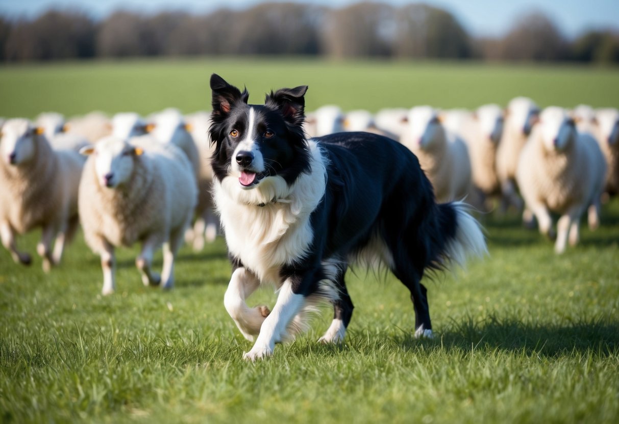A Border Collie herding sheep in a field, displaying intense focus and intelligence