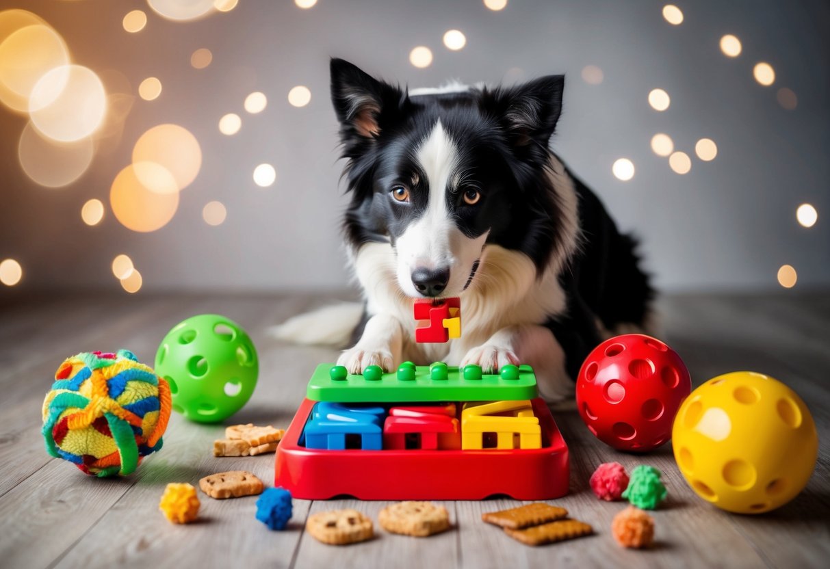 A border collie solving a puzzle toy, surrounded by various interactive toys and treats