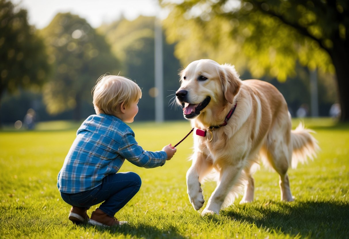 A golden retriever playing with a child in a sunlit park