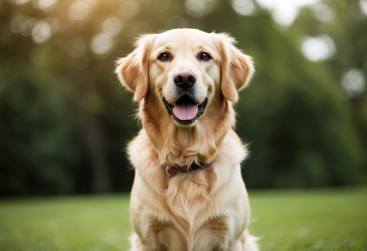 A golden retriever standing gracefully with a shiny coat, gentle eyes, and a friendly expression