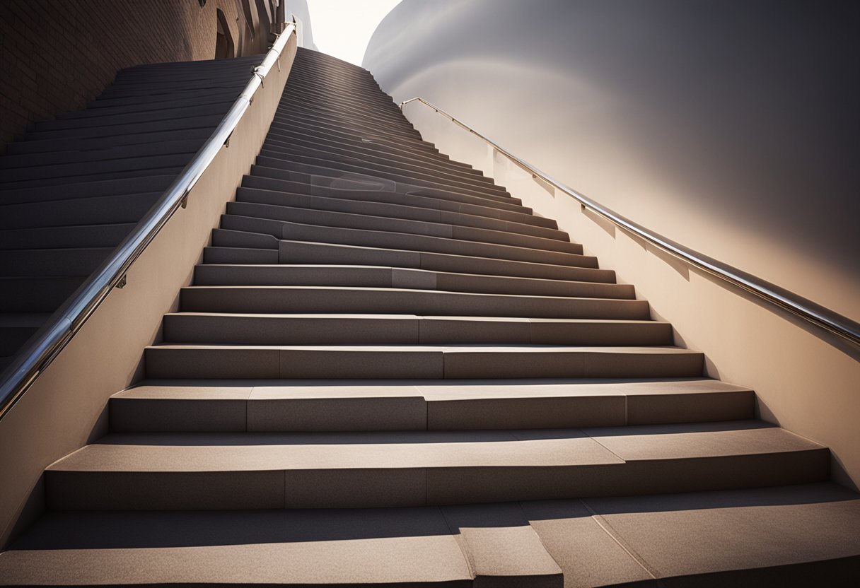 A series of steps leading upwards towards a shining light at the top, symbolizing the journey towards financial freedom