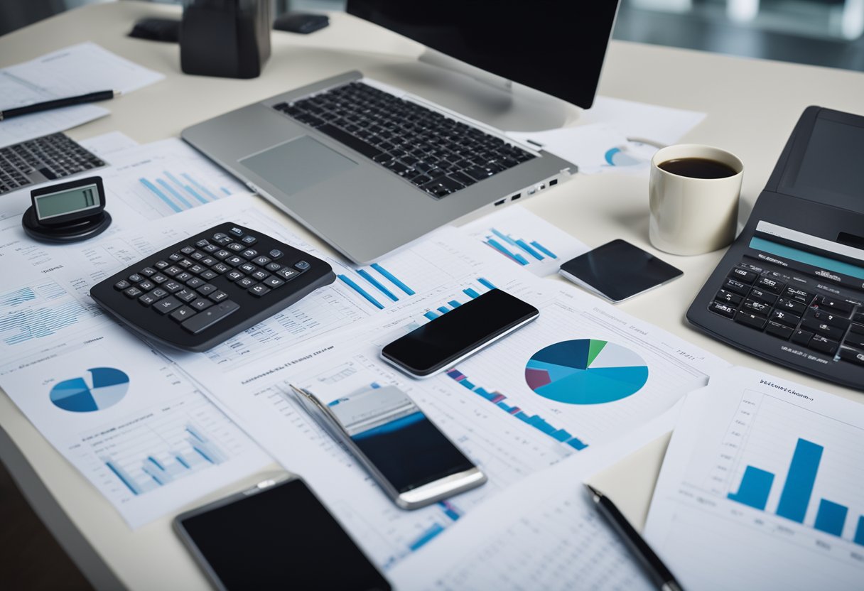 A desk with a laptop, calculator, and financial documents. A person is writing notes and organizing papers. Charts and graphs are displayed on the computer screen