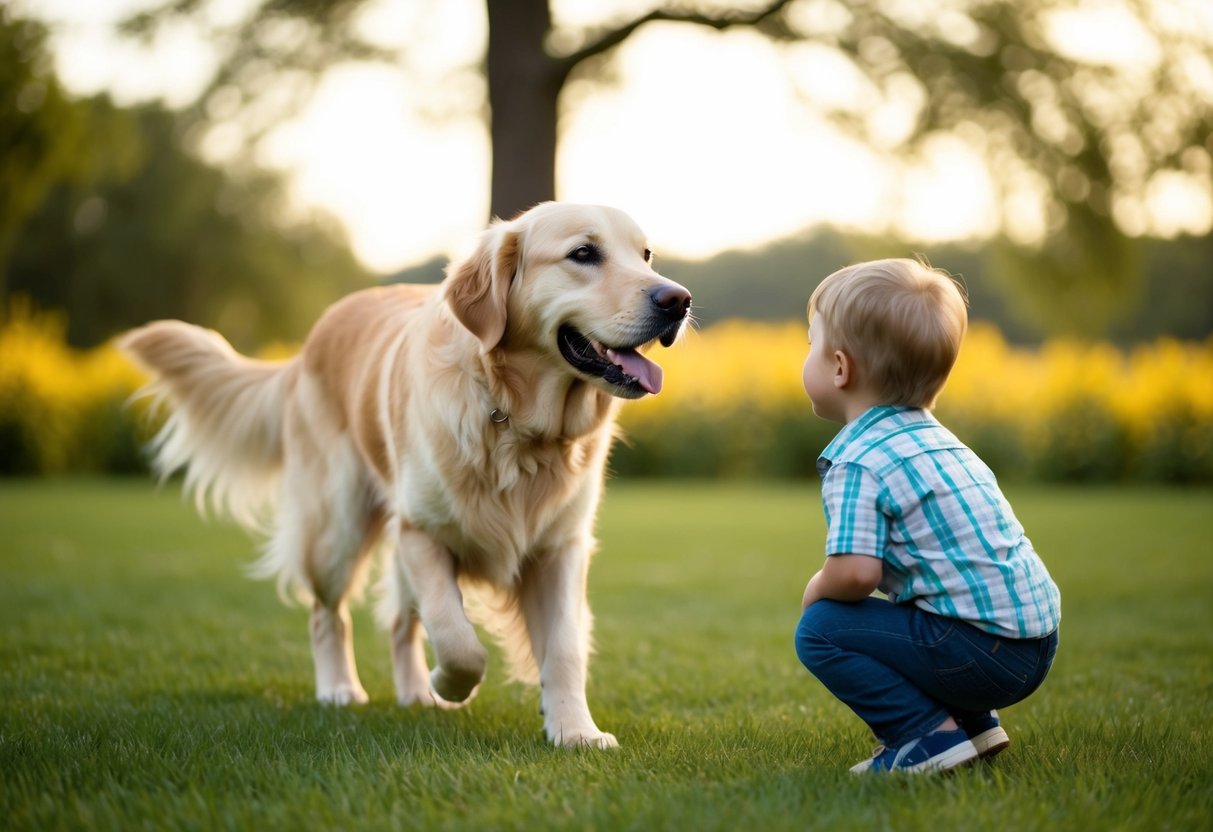 A Golden Retriever wagging its tail, approaching a child with a gentle expression