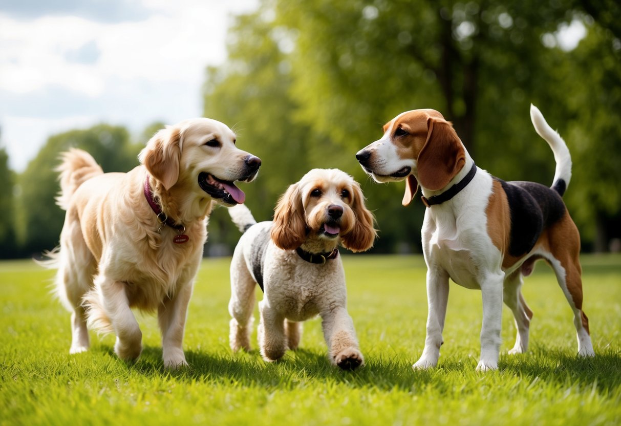 A golden retriever, a poodle, and a beagle playfully interact in a grassy park, showcasing their friendly and sociable nature