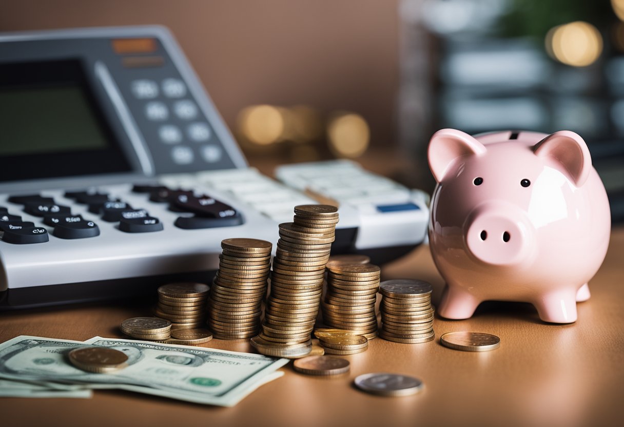 A piggy bank being filled with coins, surrounded by a stack of bills and a calculator. A chart showing progress towards a financial goal is displayed in the background