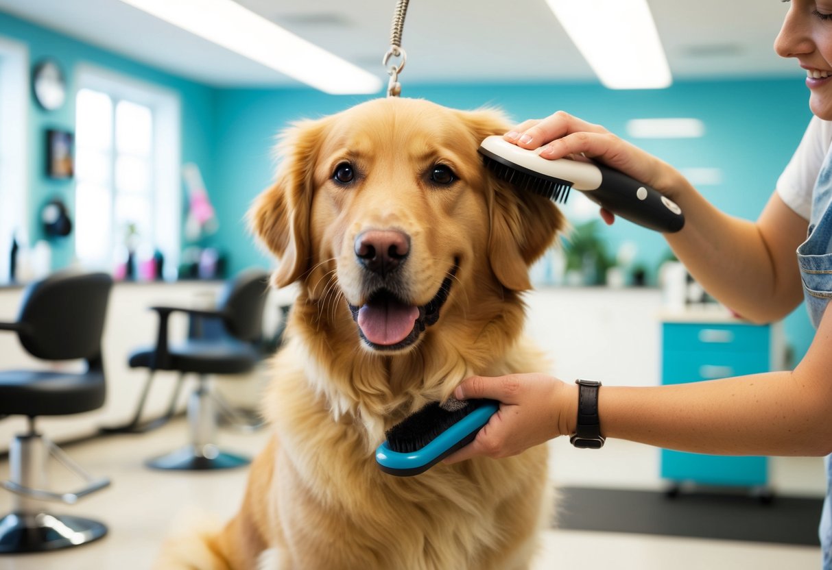 A fluffy golden retriever being gently brushed and pampered in a bright, spacious grooming salon
