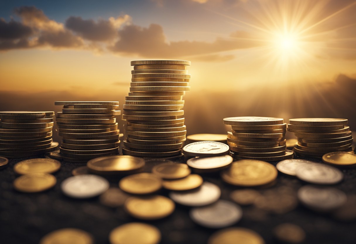 A stack of coins grows in size, symbolizing wealth accumulation. A road leads to a bright horizon, representing financial freedom