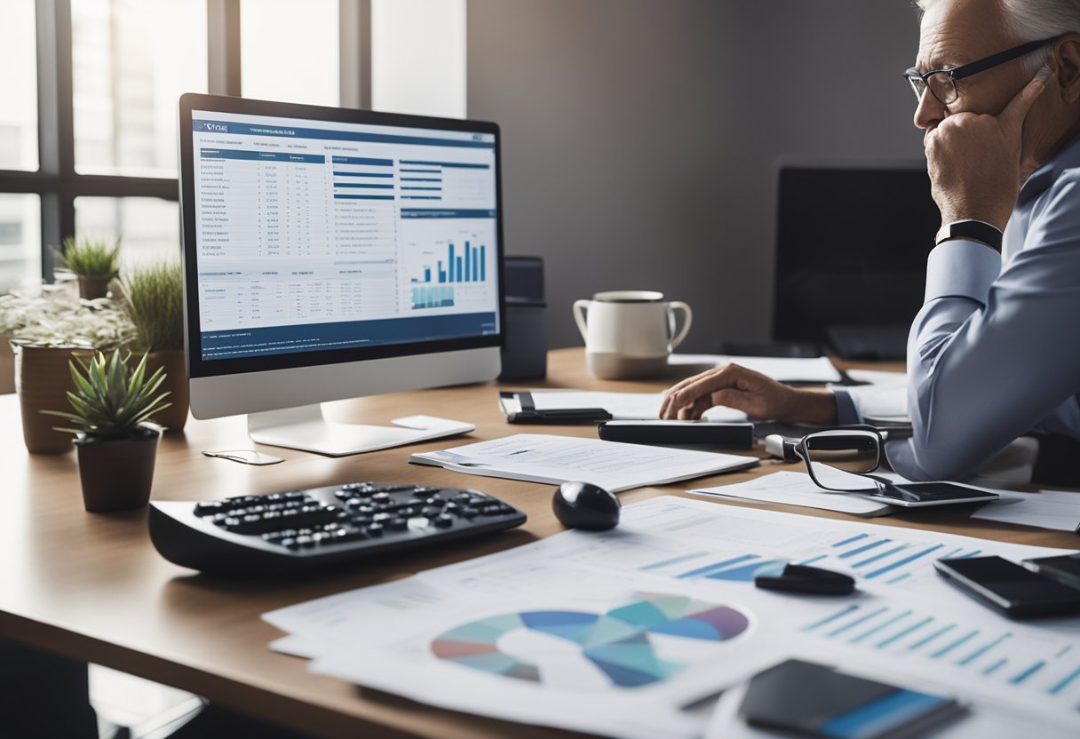 A person sitting at a desk, surrounded by financial documents and charts, with a calculator and computer screen, planning for retirement