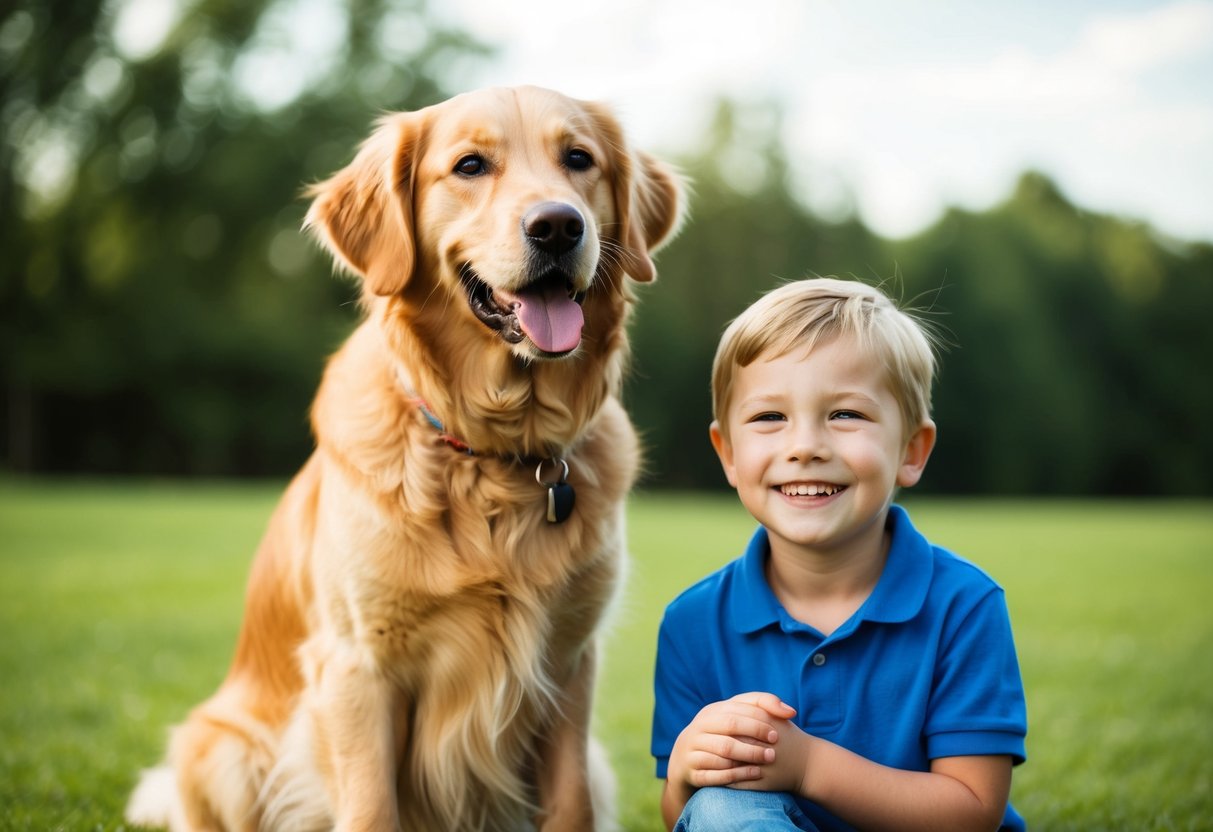 A golden retriever wagging its tail, sitting obediently beside a child with a big smile