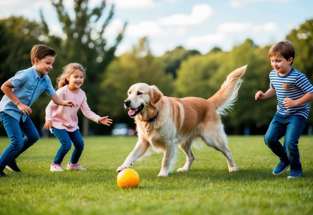 A golden retriever playing fetch with a group of children in a park, wagging its tail and happily interacting with each child